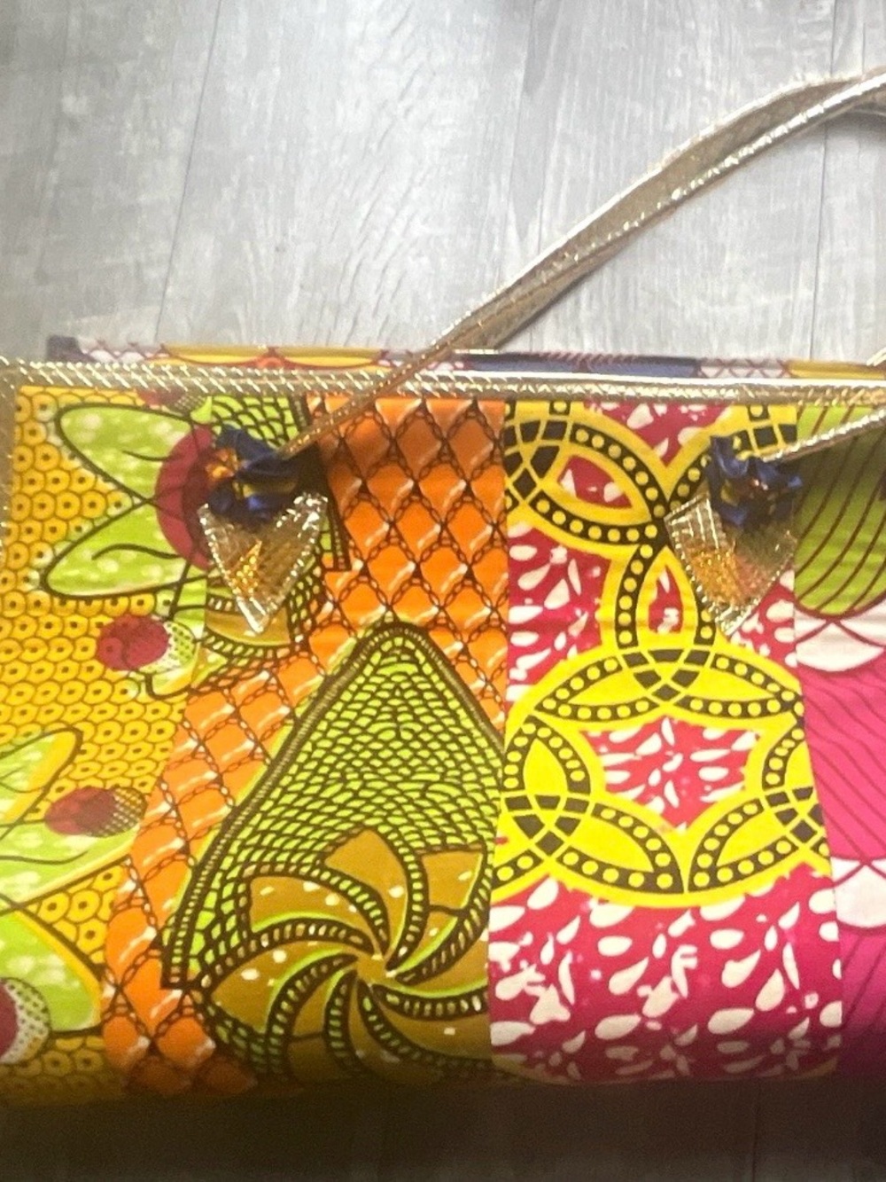 Multicolor Floral Patchwork Tote Bag with Gold Strap